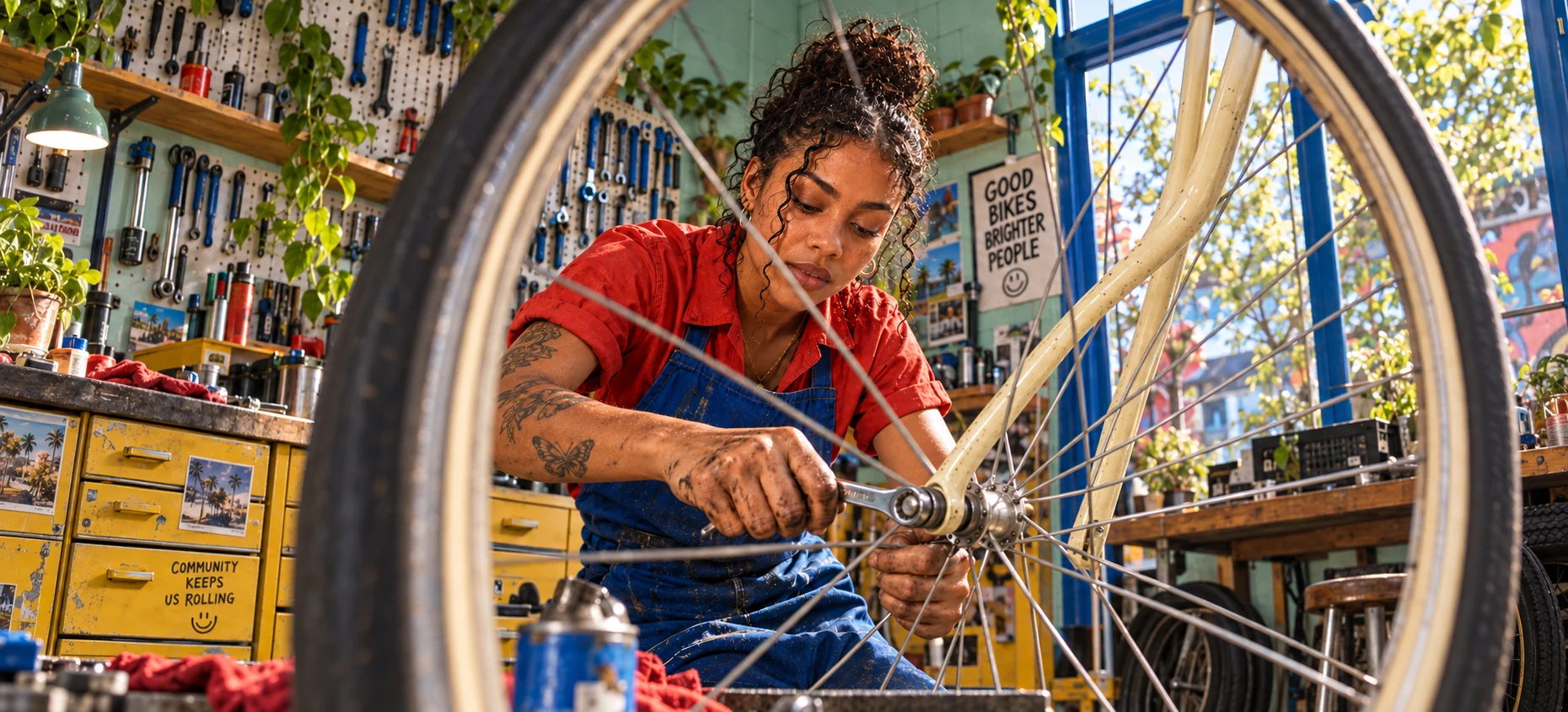 Concept photograph through a bicycle wheel of a mechanic working with both hands occupied.