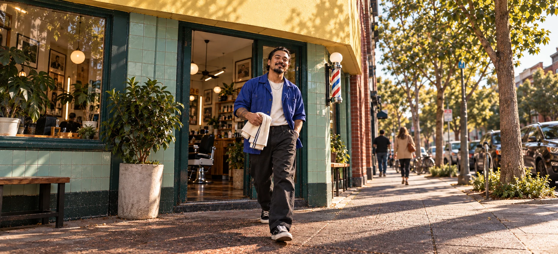Concept photograph of a barber outside a yellow-and-mint neighbourhood shop.