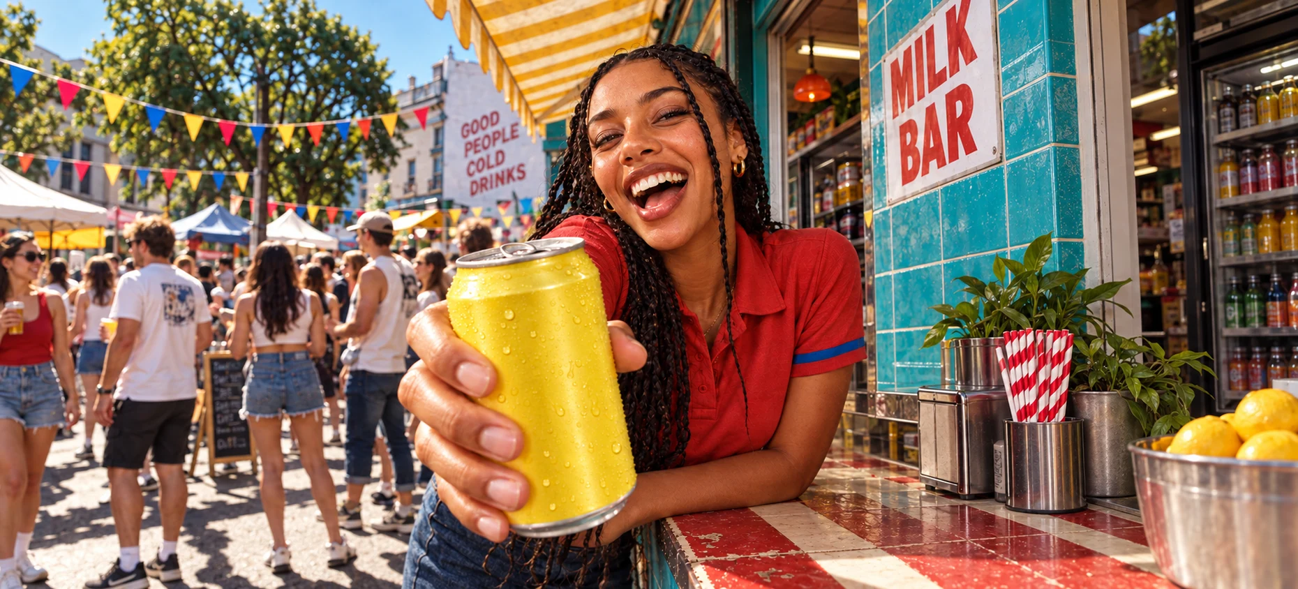 Concept photograph of a smiling woman holding a yellow drink can toward the camera at a colourful street fair.