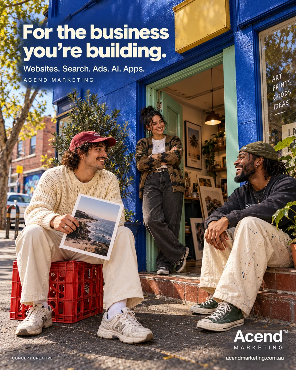 Concept photograph of three adults chatting outside a cobalt studio with a mint doorway. A man on a red crate holds a photographic print. Acend headline: “For the business you're building.” Websites, search, ads, AI and apps.