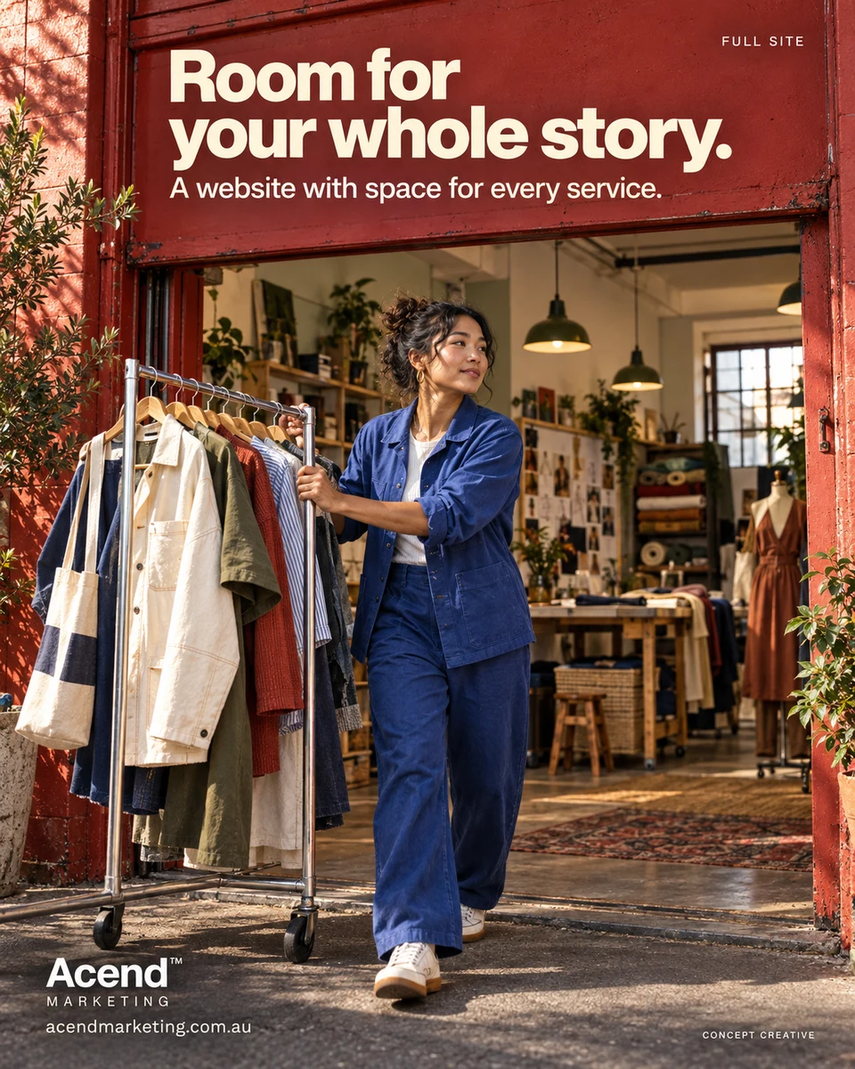 Concept photograph of a woman in cobalt workwear rolling a rail of clothes through a red doorway, with a garment studio behind her. Acend Full Site headline: “Room for your whole story.” A website with space for every service.