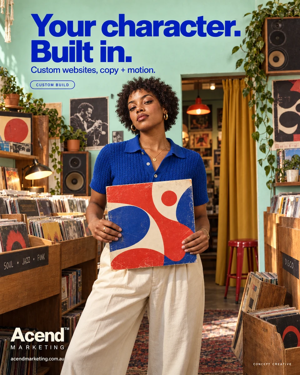 Concept photograph of a woman in a cobalt knit polo holding a cream, red and blue graphic record sleeve inside a mint record shop with timber racks and a mustard curtain. Acend Custom Build: “Your character. Built in.” Custom websites, copy and motion.