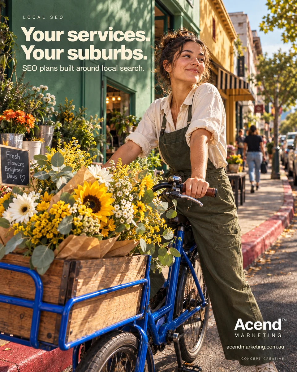 Concept photograph of a florist in olive overalls holding a cobalt cargo bicycle loaded with yellow-and-white flowers outside green neighbourhood shops. Acend Local SEO headline: “Your services. Your suburbs.” SEO plans built around local search.