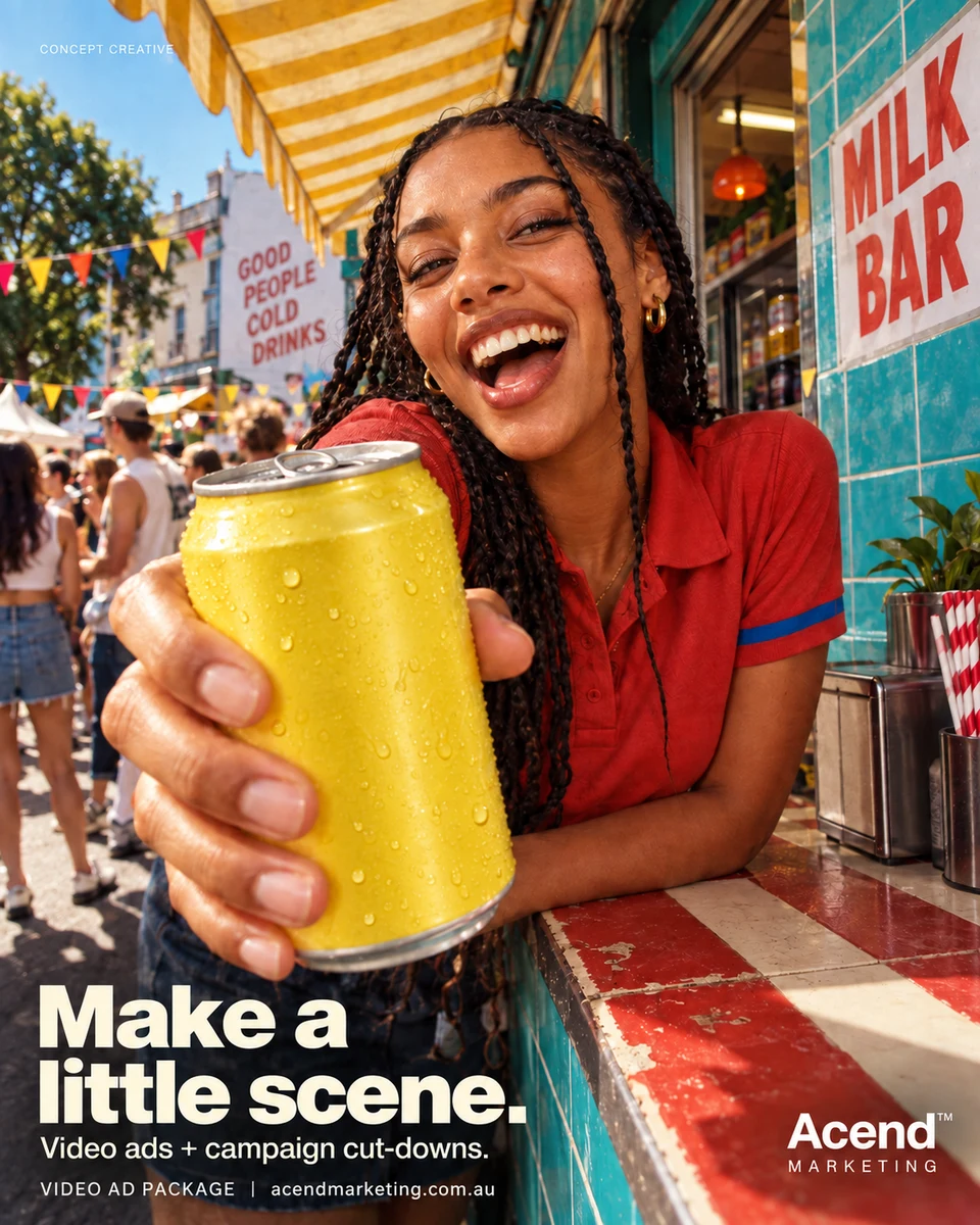 Concept photograph of a smiling woman in a red polo with a cobalt stripe extending a cold yellow drink can toward the camera at a busy milk-bar street fair. Acend Video Ad Package headline: “Make a little scene.” Video ads and campaign cut-downs.