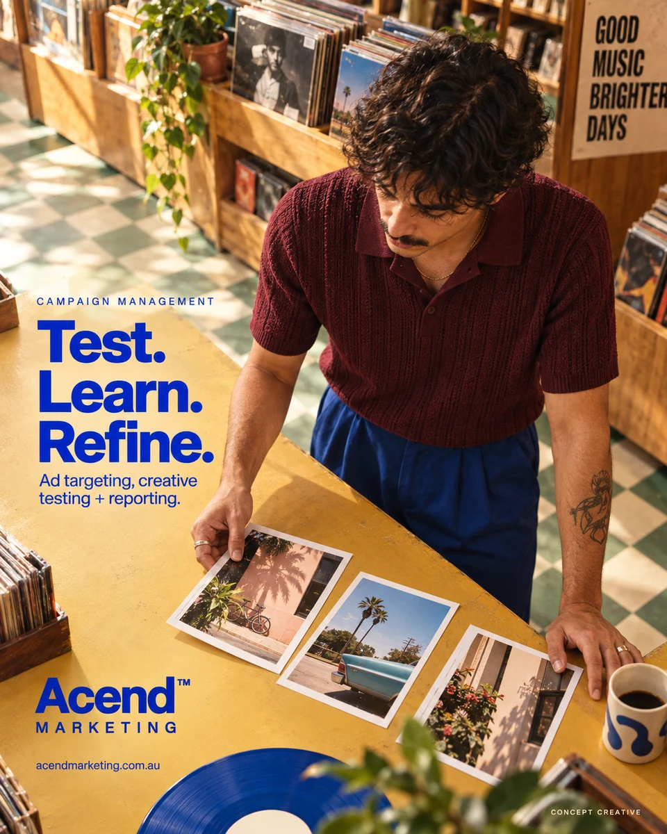 Overhead concept photograph of a man in a burgundy knit shirt arranging three street photographs on a mustard record-shop counter beside a blue vinyl record and coffee. Acend Campaign Management: “Test. Learn. Refine.” Ad targeting, creative testing and reporting.