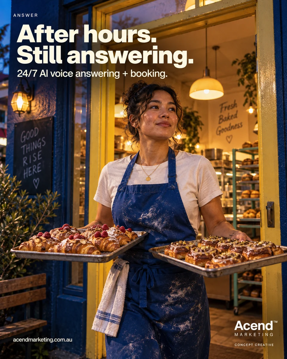 Concept photograph of a baker in a flour-dusted cobalt apron holding two trays of pastries in a yellow doorway, with a warmly lit bakery behind her and blue evening light outside. Acend Answer: “After hours. Still answering.” 24/7 AI voice answering and booking.