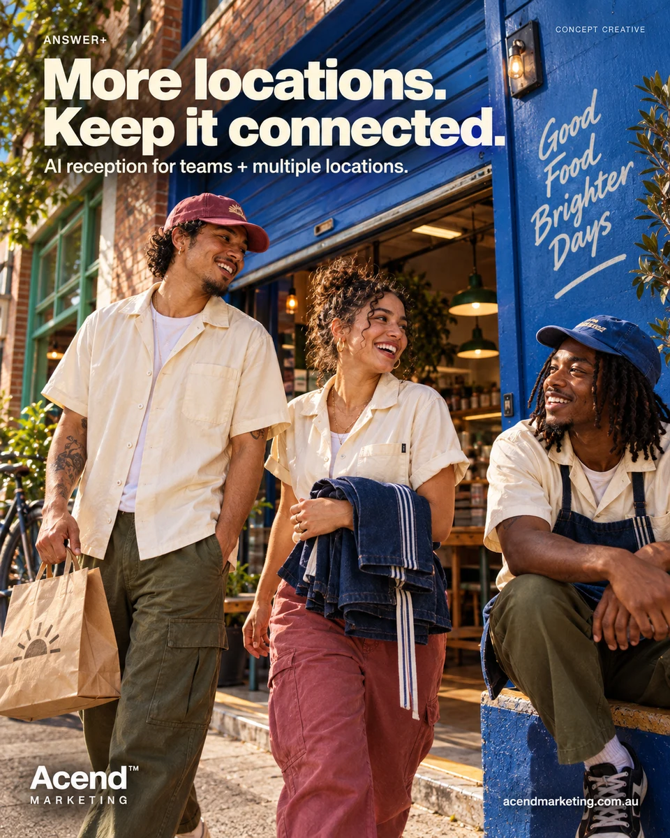 Concept photograph of three adults in cream work shirts talking outside a cobalt shop. One holds a paper bag, another folded blue aprons, and one sits on the ledge. Acend Answer+: “More locations. Keep it connected.” AI reception for teams and multiple locations.