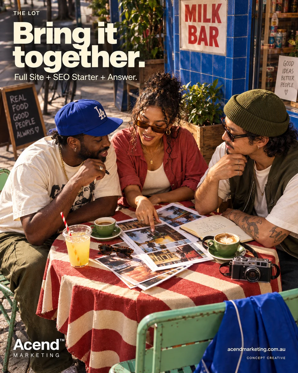 Concept photograph of three adults discussing street photographs at a red-and-cream striped sidewalk table, with coffee, a yellow drink, a notebook and camera outside a cobalt milk bar. Acend The Lot: “Bring it together.” Full Site + SEO Starter + Answer.