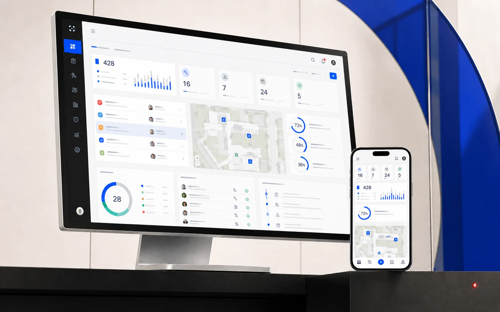 Premium illustrative mockup of a facilities management dashboard across desktop and mobile