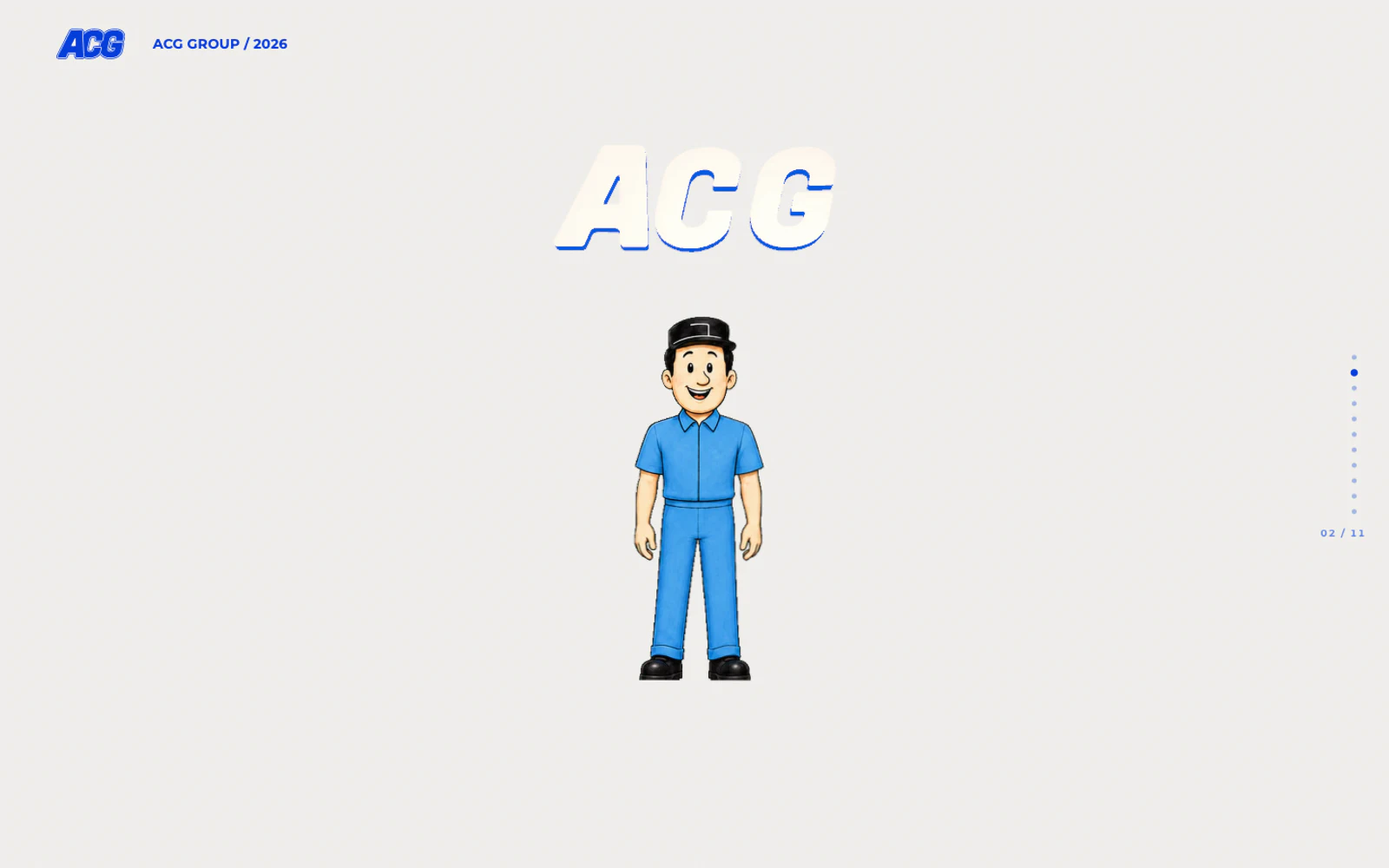Opening state of the ACG Group mascot-led website experience