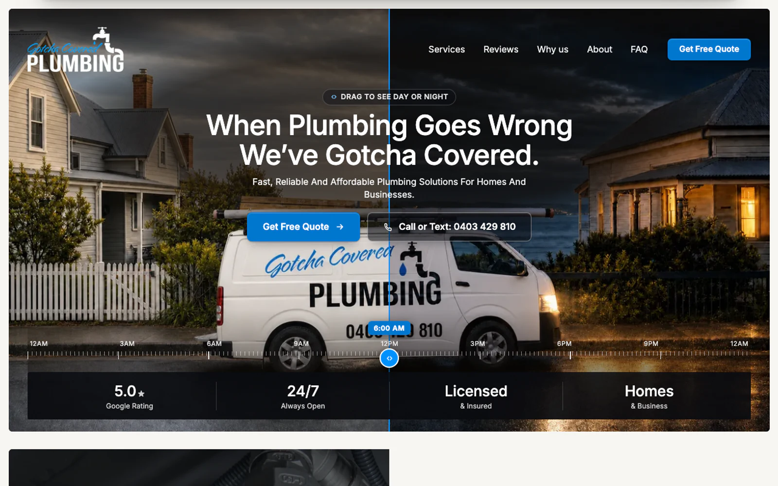 Gotcha Covered Plumbing website with day and night service scenes