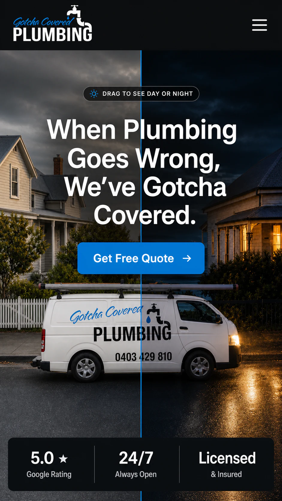 Gotcha Covered Plumbing website mobile presentation